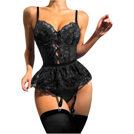 Black Aurora lace garter bodysuit with sheer mesh panels, floral lace and corset-style front.