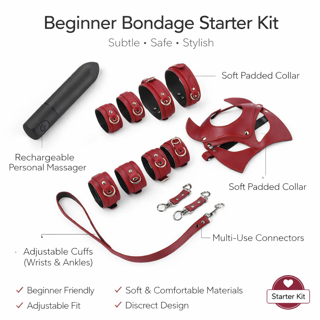 Beginner Explorer Bundle bondage starter kit with adjustable cuffs, padded collar and rechargeable massager on light background