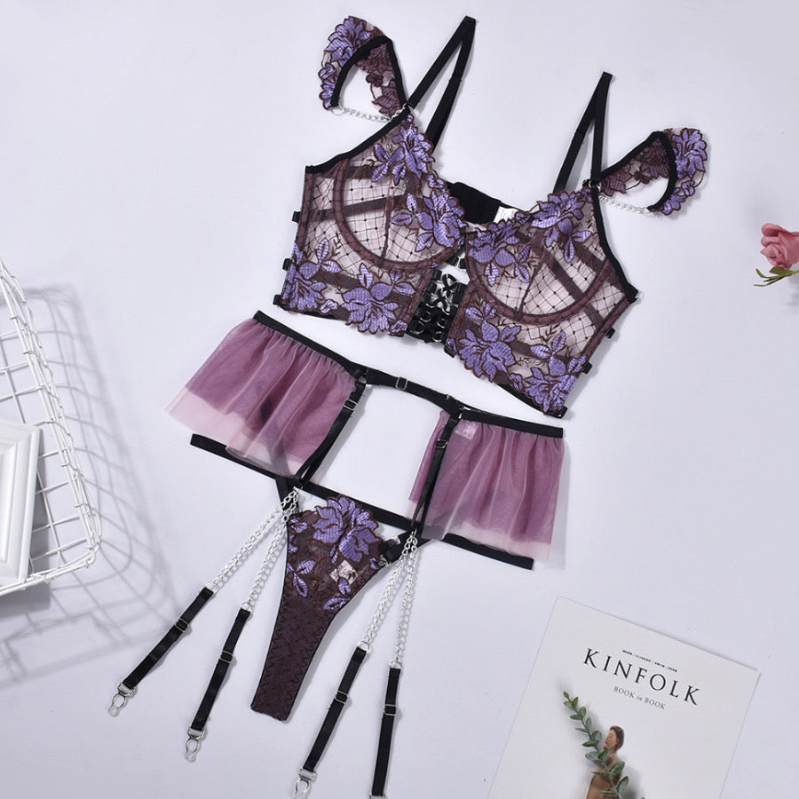 Scarlett Lingerie Set – Black Sheer Bra and Thong with Purple Floral Embroidery and Tulle Suspenders