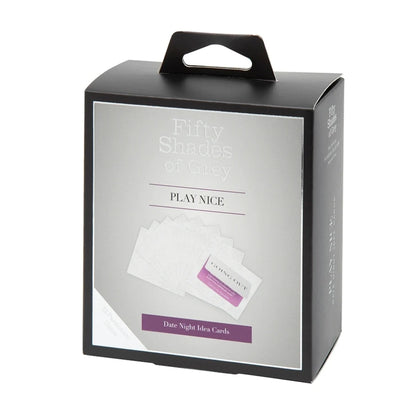 Fifty Shades of Grey Play Nice Date Night Idea Cards set featuring a box with a handle, accompanied by two open cards labeled 'Staying In' and 'Going Out', each revealing a purple or blue suggestion for romantic activities.
