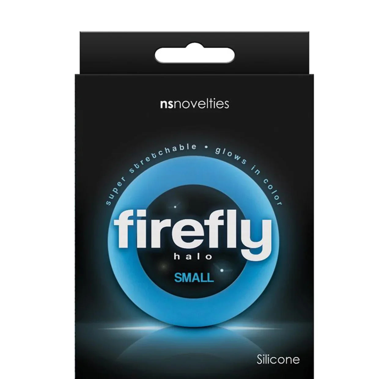 Firefly Halo small silicone ring in blue, glow-in-the-dark, product packaging from Wild Nights